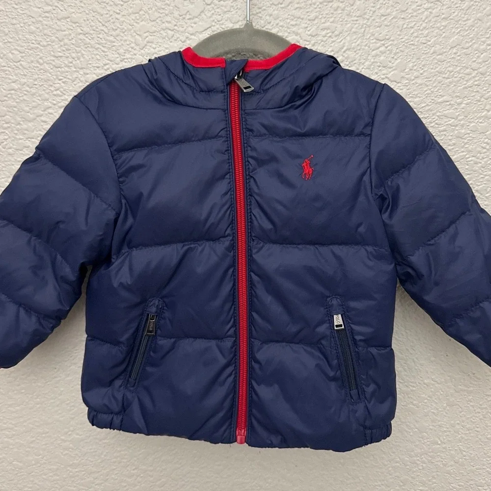 Ralph Lauren Navy Blue Down Puffer Hooded Jacket Size 12 Months Packable Bag